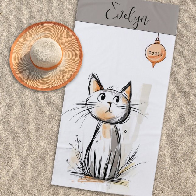 Toalla De Playa Ilustracion de gato dulce personalizado (Cute cat and mouse illustration)