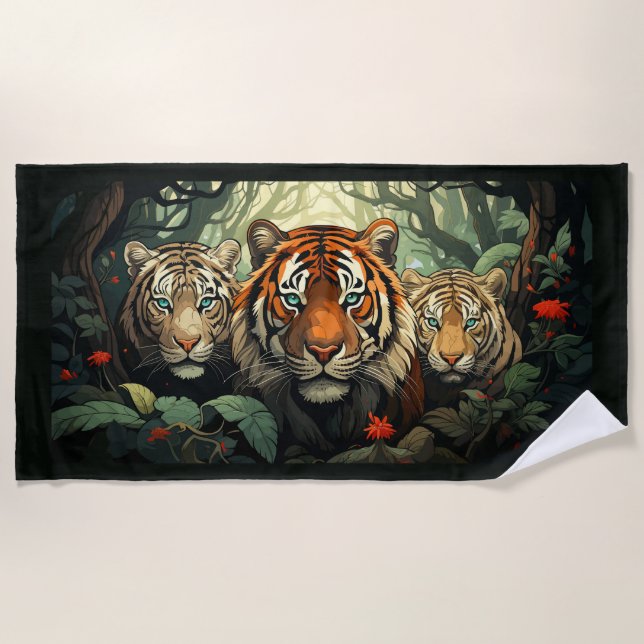 Toalla De Playa Ilustracion de los tigres monogramo personalizado (Anverso)