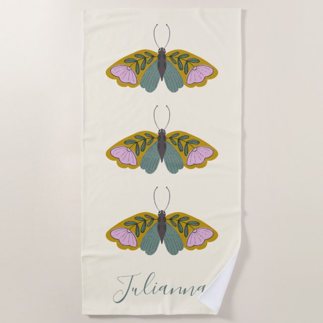 Toalla De Playa Ilustracion de mariposa floral Boho personalizado  (Anverso)