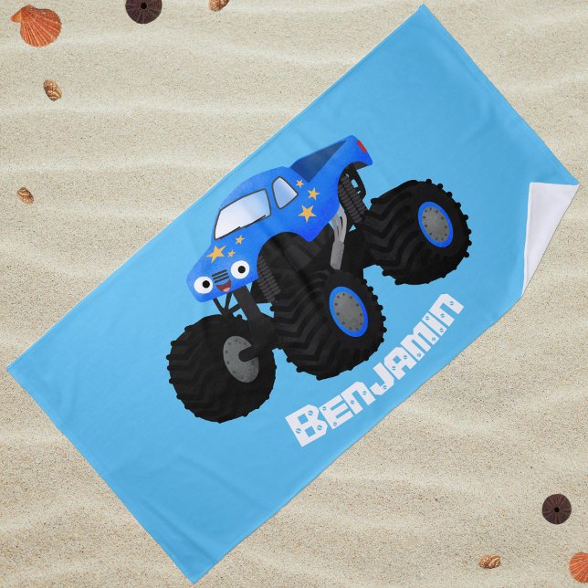 Toalla De Playa Ilustracion de personalizado de camión monstruoso  (A cute blue monster truck for beach or pool.)