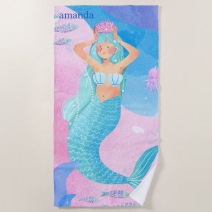 Toalla De Playa Ilustración de sirena adorable con acuarelas color