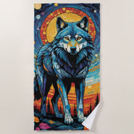 Toalla De Playa Ilustracion mosaico colorido del lobo majestuoso