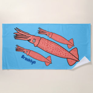 Toalla De Playa Ilustracion personalizado de calamar rosa feliz