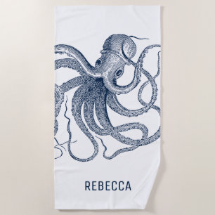 Toalla De Playa Ilustracion Royal Blue Octopus