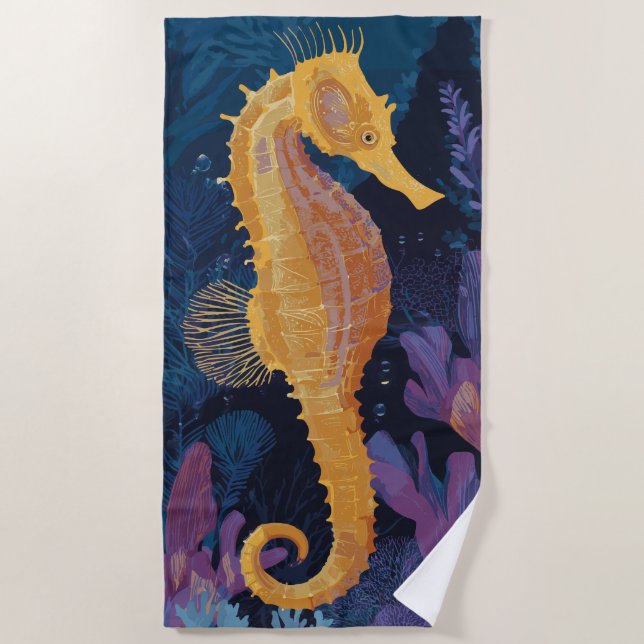 Toalla De Playa Ilustración submarina de caballito de mar dorado (Anverso)