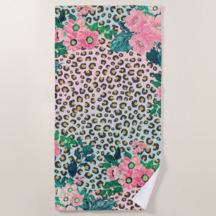 Toalla De Playa Impresión de leopardo de Purpurina floral de menta