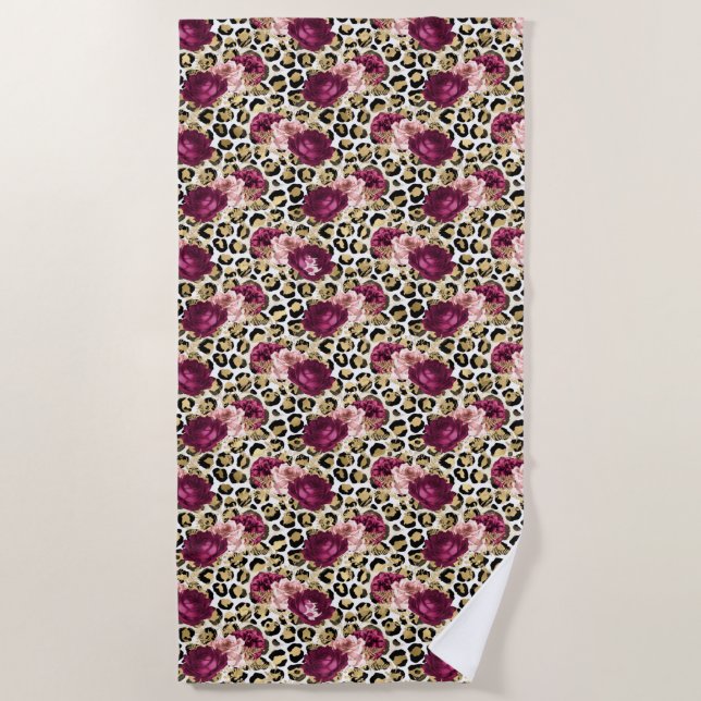 Toalla De Playa Impresión de Leopardo Floral Rosa Girly Gold (Anverso)