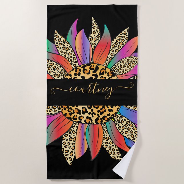 Toalla De Playa Impresión personalizada de arcoíris y leopardo (Anverso)
