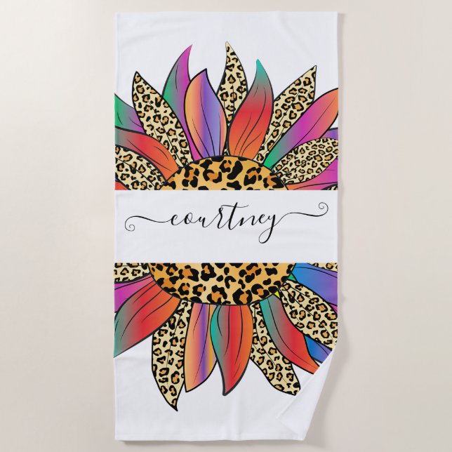 Toalla De Playa Impresión personalizada de arcoíris y leopardo (Anverso)