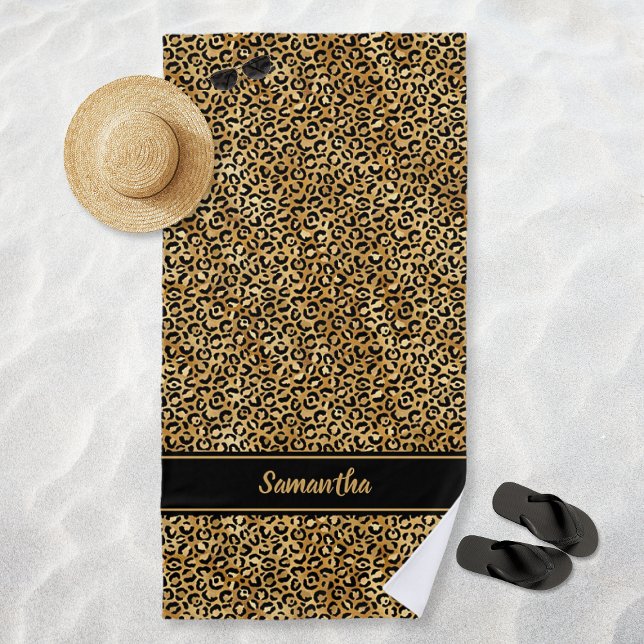 Toalla De Playa Impresión personalizada de Leopardo de oro negro d (Chic Black Gold Leopard Print Personalized Beach Towel)
