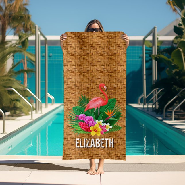 Toalla De Playa Impresión personalizada de mimbre floral Flamingo (Personalized Flamingo Floral Wicker Print Beach Towel (white on reverse side))