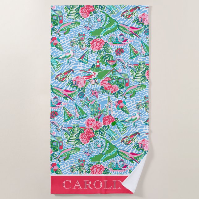 Toalla De Playa Impresión personalizada de Nantucket Preppy Palm B (Anverso)