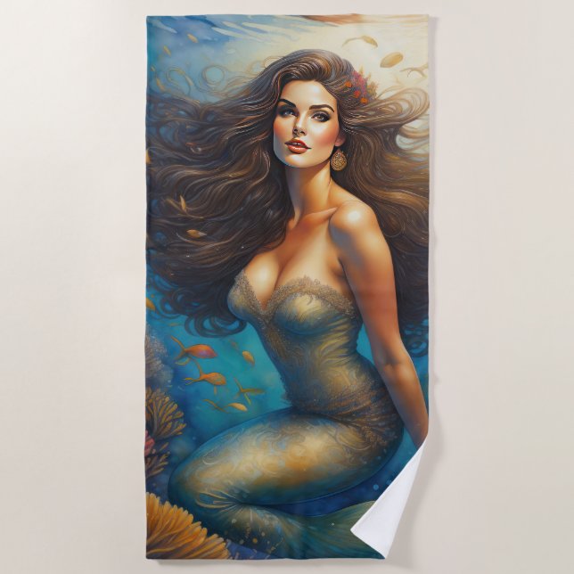 Toalla De Playa Impresionante brunette Haired Mermaid (Anverso)