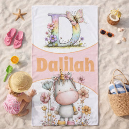 Toalla De Playa Inicial floral caprichosa con unicornio para niños