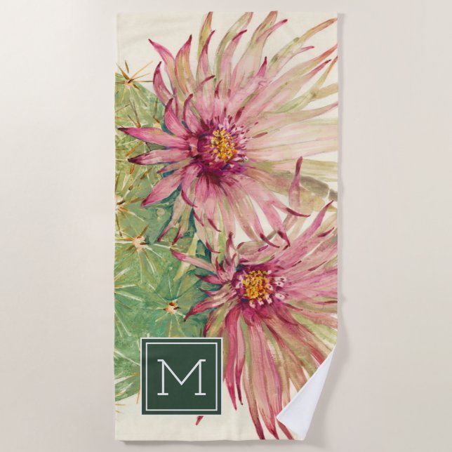 Toalla De Playa Inicial| Flores rosas cactus (Anverso)