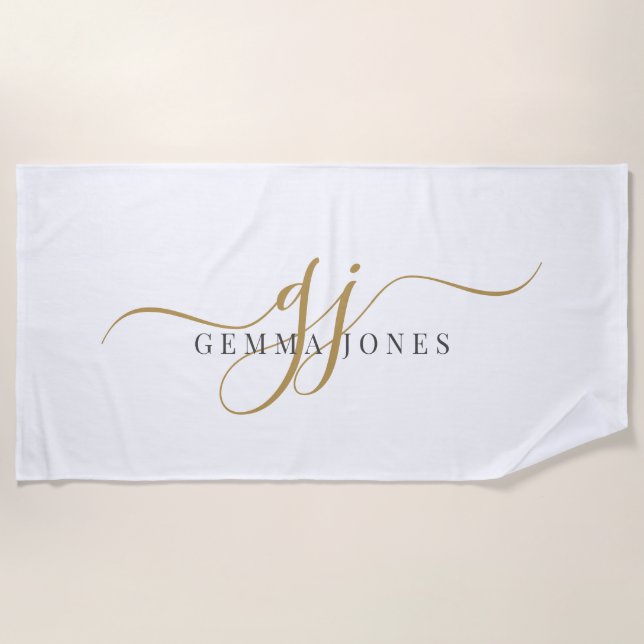 Toalla De Playa Iniciales con guión dorado Monograma Blanco Minima (Anverso)