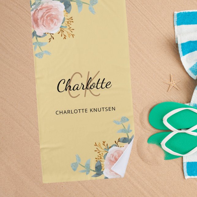 Toalla De Playa iniciales en monograma de florales de oro de rosa  (Subido por el creador)