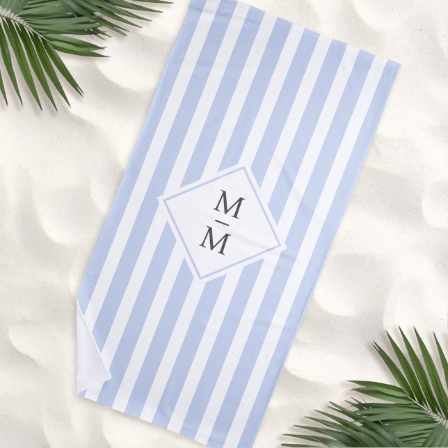 Toalla De Playa Iniciales monogramas tiras blancas y negras polvor (Monogram initials dusty light blue white stripes beach towel)