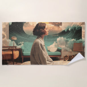 Toalla De Playa Interior Surrealista con Mujer y Gato