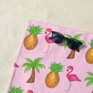 Toalla De Playa Isla Tropical Palm Tree Pineapple Flamingo Rosa