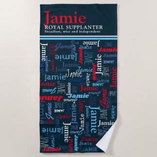 Toalla De Playa Jamie nombre personalizado que significa rojo azul