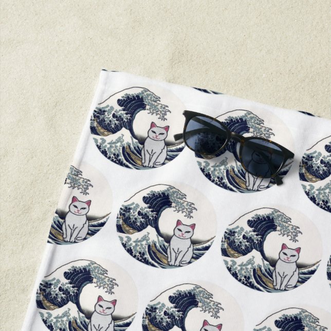 Toalla De Playa Japan Art Cat Wave Embroidered Design - Custom (In situ)