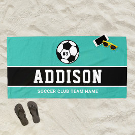 Toalla De Playa Jugador de Fútbol Negro Turquesa Nombre Personaliz