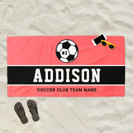 Toalla De Playa Jugadora de Fútbol Rosa Coral Nombre Personalizado