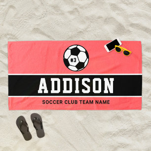 Toalla De Playa Jugadora de Fútbol Rosa Coral Nombre Personalizado