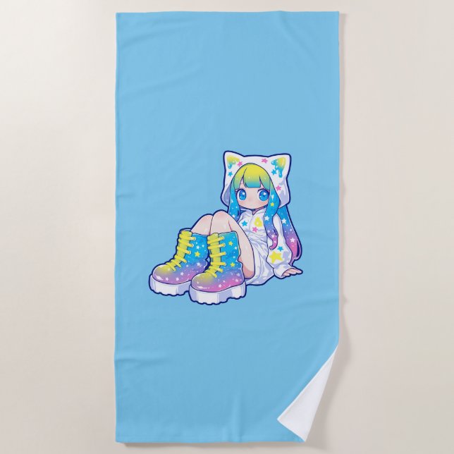 Toalla De Playa Kawaii Rainbow Star Cat-Eared Girl (Anverso)