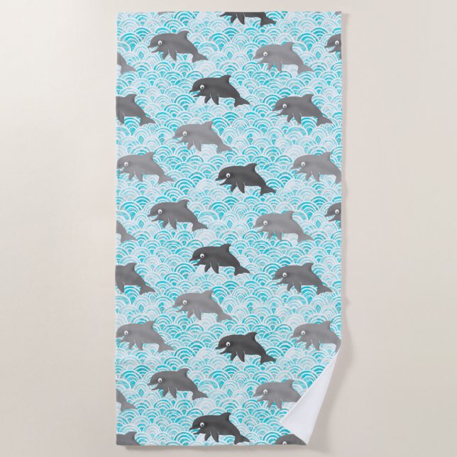 Toalla De Playa Keiki Watercolor Dolphin Wave (Anverso)