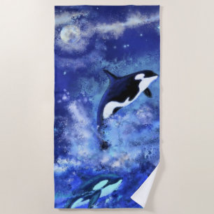 Toalla De Playa Killer Whales on Full Moon Blue Beach Towel