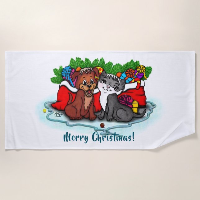 Toalla De Playa Kitty and Puppy , Happy XMas (Anverso)