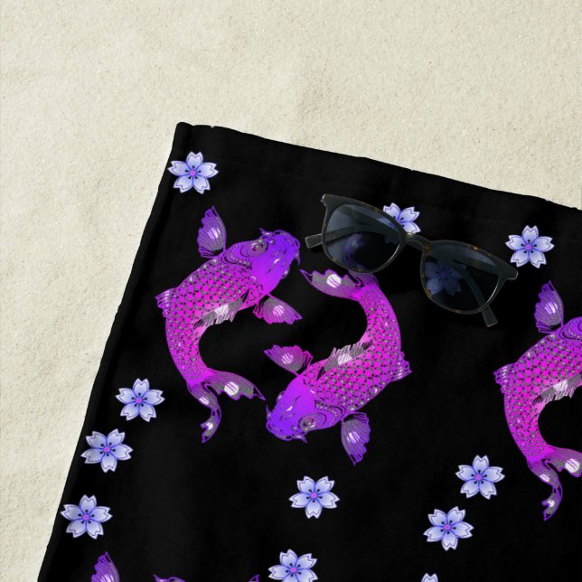 Toalla De Playa Koi fish oriental yin yang morado negro floral (In situ)