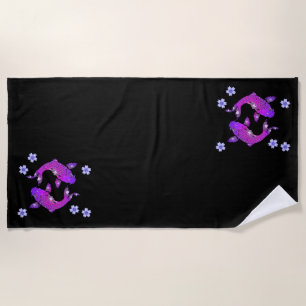 Toalla De Playa Koi pescado negro oriental yin yang floral