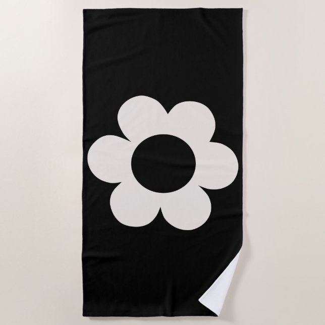 Toalla De Playa La Fleur 06 Flor Retro Floral Negra Y Blanca (Anverso)