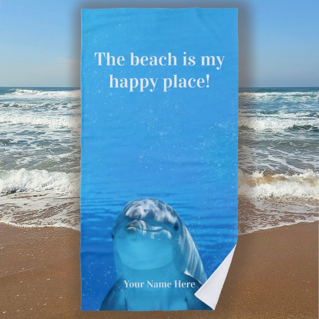 Toalla De Playa La playa es mi lugar feliz Blue Dolphin Beach (The Beach is my Happy Place - Blue Ocean - Personalized - Dolphin)