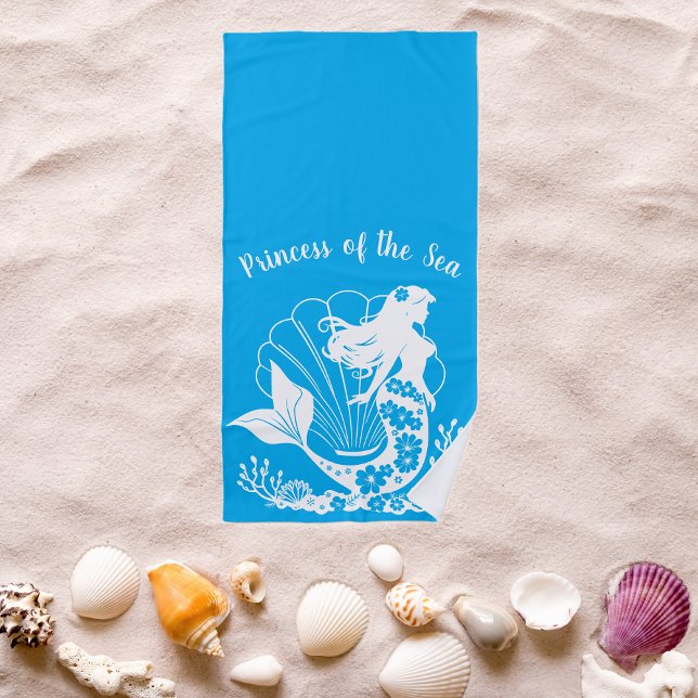 Toalla De Playa La princesa de sirena hawaiana del azul marino (Hawaiian Mermaid Tropical Flowers Sea Shells Coral, Summer Beach, Fisherman Trend Towel)