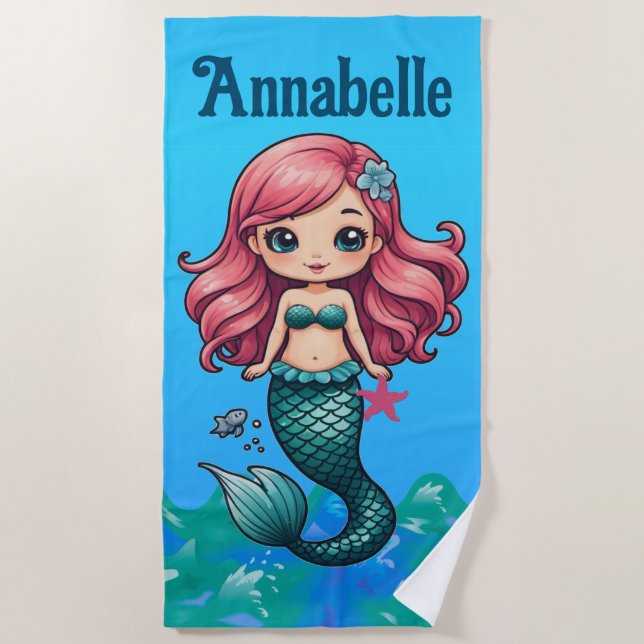 Toalla De Playa La sirena de cabello rosa de bonito (Anverso)