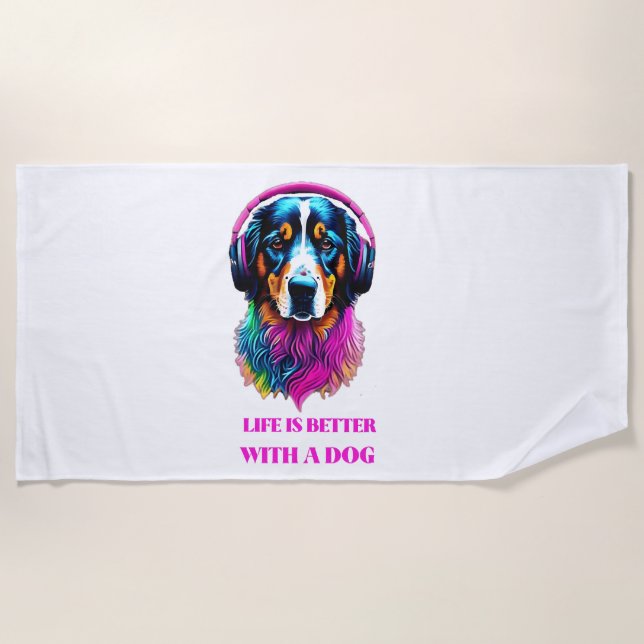 Toalla De Playa La vida es mejor con un perro (Anverso)