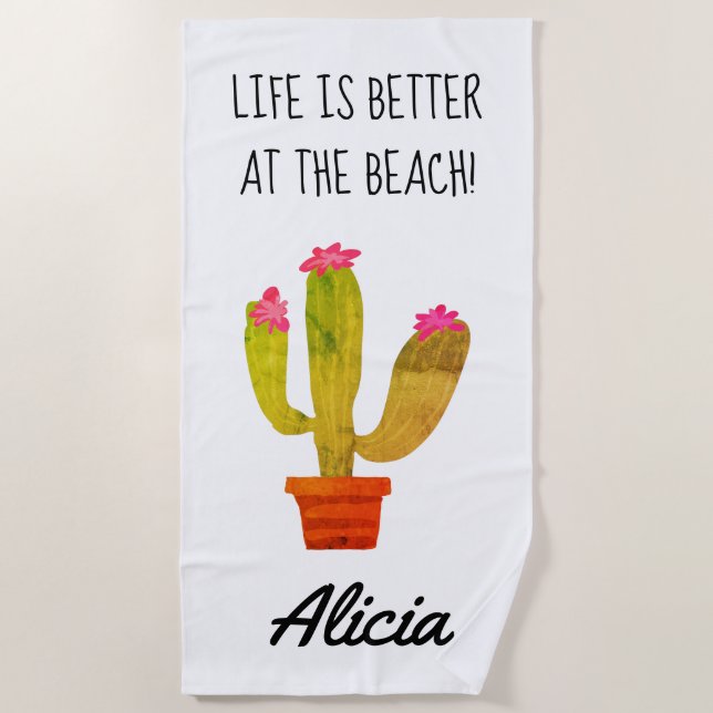 Toalla De Playa La vida es mejor en la playa lindo cactus print (Anverso)