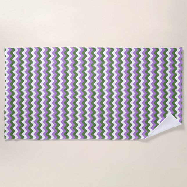 Toalla De Playa Lavanda, Chevron verde y blanco Zigzag (Anverso)