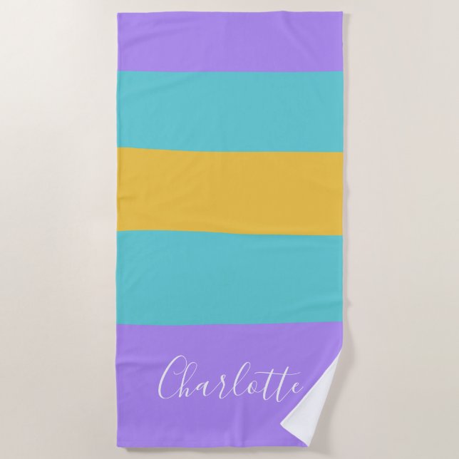 Toalla De Playa Lavender Aqua Yellow Wide Stripes Personalizado (Anverso)