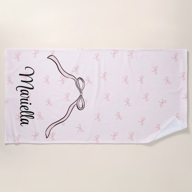 Toalla De Playa Lazo Rosa Coquette Personalizado (Anverso)