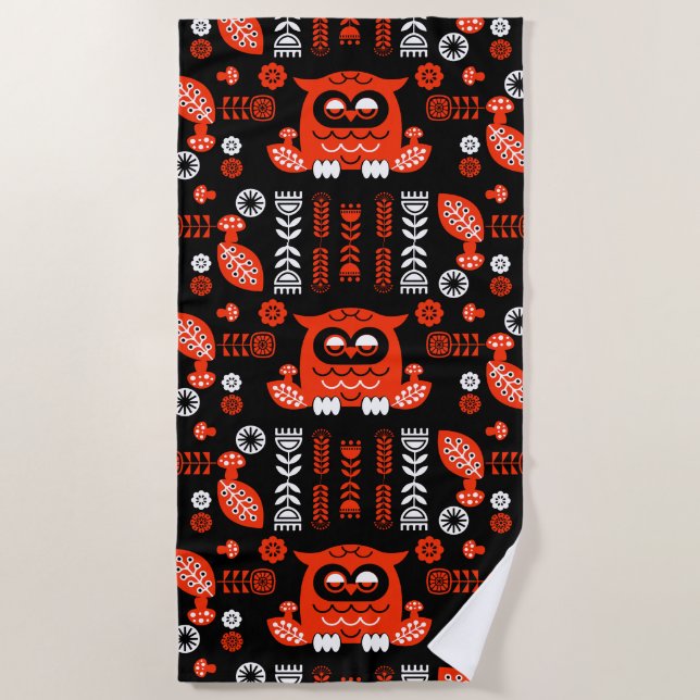 Toalla De Playa Lechuza Nórdica naranja Y Negro (Anverso)