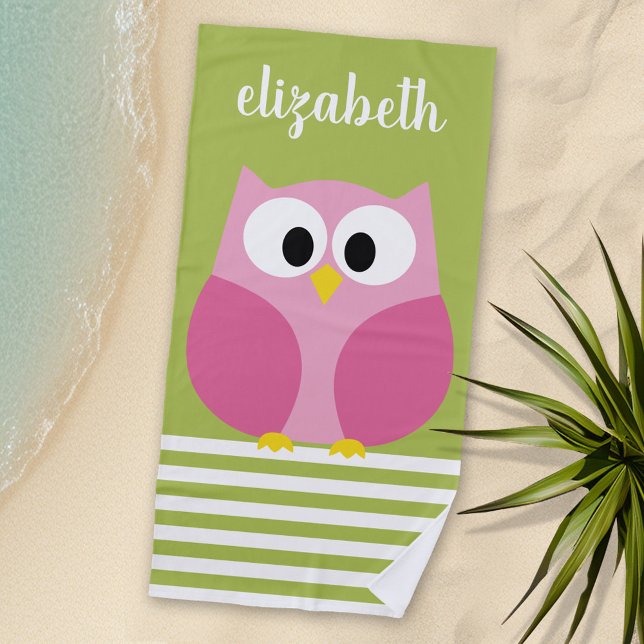 Toalla De Playa Lechuza Personalizado Cuta - Verde Rosa y Lime (Personalized Beach Towel - Photo Collage -- Cartoon Owl with a place to add your name)