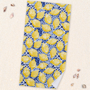 Toalla De Playa Lemon Citrus Mediterranean Blue White Tile