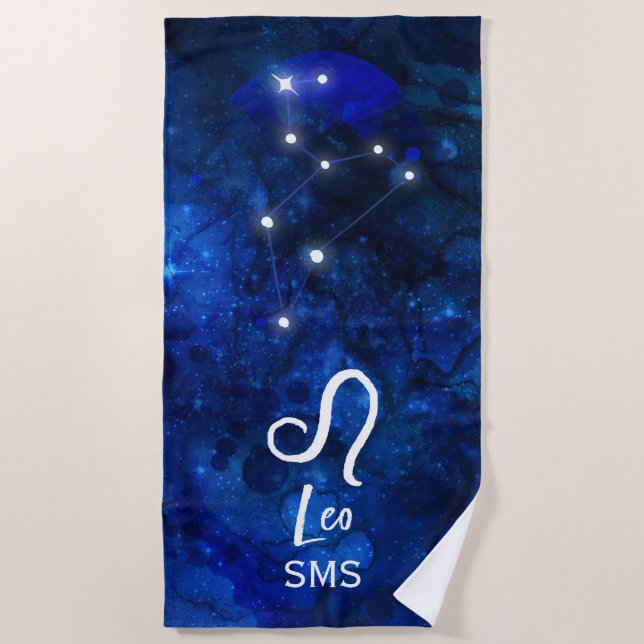 Toalla De Playa Leo Zodiac Constellation Dark Blue Galaxy Monogram (Anverso)