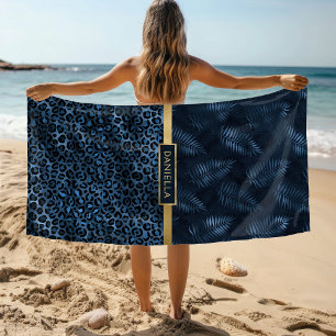 Toalla De Playa Leopardo Azul Floral Tropical Nombre Personalizado