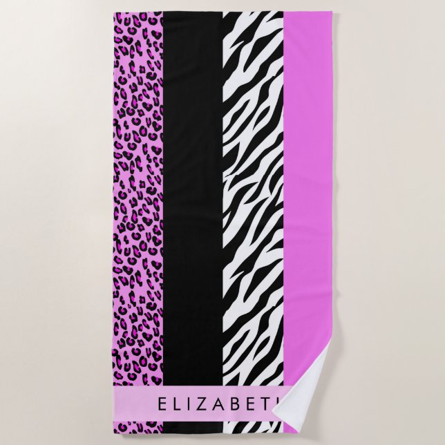 Toalla De Playa Leopardo Print, Zebra Print, Pink, Your Name (Anverso)